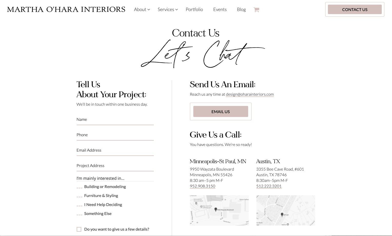 Ohara Interiors Contact Page Design